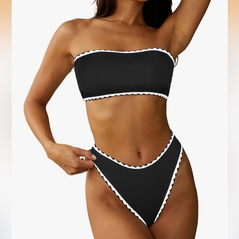Zaful Two Piece Bikini Set LARGE  Bandeau Sexy Hi Cut Swimsuit  BLACK WHITE New